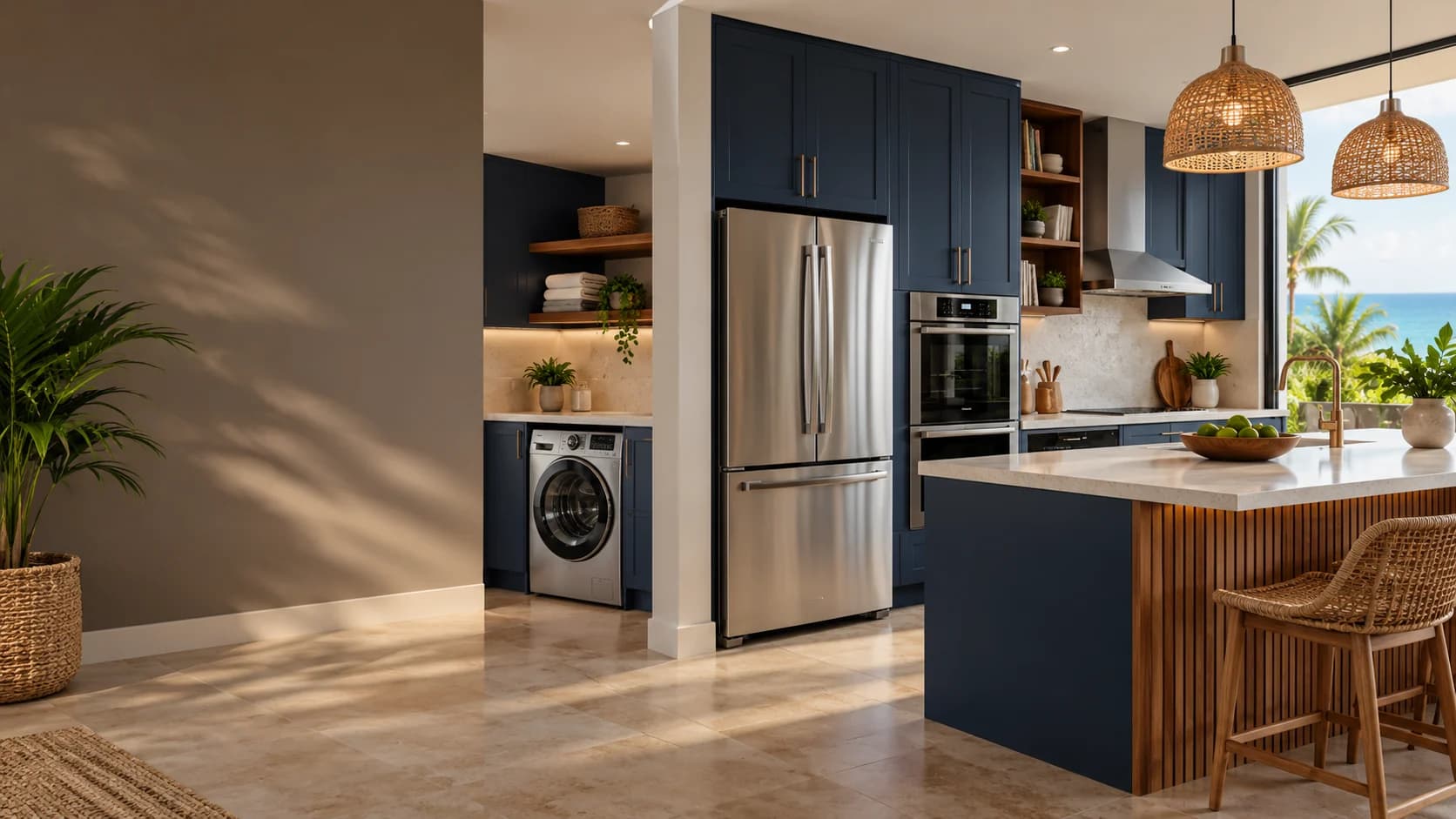 Cocina moderna con nevera, lavadora y horno integrados, equipos para el hogar.