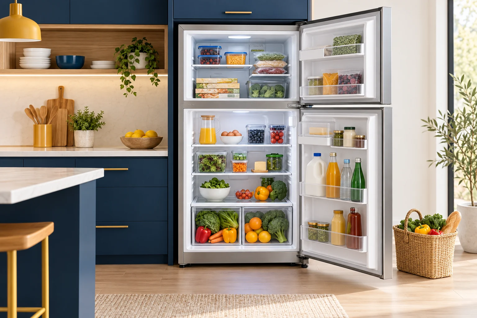 Ilustración de una nevera abierta con alimentos organizados
